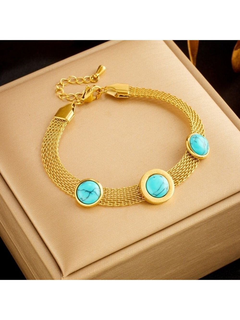 Simulated Turquoise, Roman Numeral Adorned Mesh Chain Bracelet